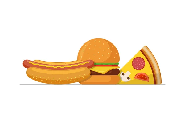 Set da pranzo da asporto fast sreet. Fetta di pizza con gustoso hamburger e hot dog. Illustrazione vettoriale isolata piatta — Vettoriale Stock