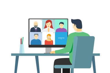 Ekranda insan grubuyla bilgisayar kullanan adam çevrimiçi konferansa katılıyor. Ev ödevi toplantısı ve uzaktan eğitim ağı ya da video konferansı. Video konferansı ve uzak ağ iletişimi