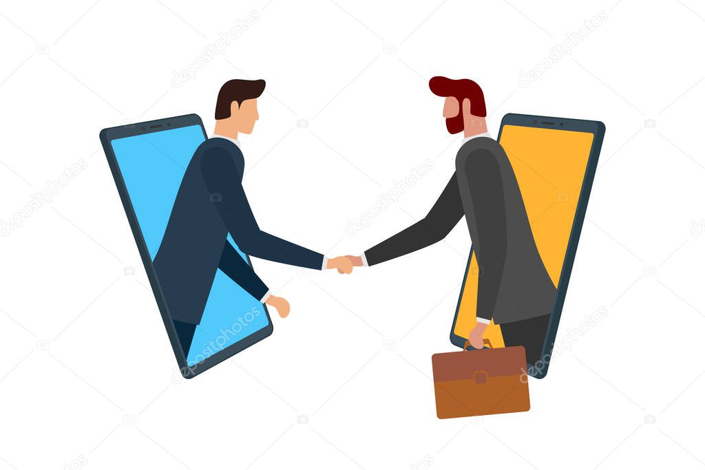 Two businessman make deal on distance and shaking hands on smartphone screens. Mobile online business agreement communication conference concept. Virtual handshake cooperation vector illustration