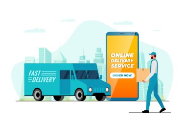 Hızlı teslimat kamyonu uygulama konsepti sipariş ediyor. Çevrimiçi hizmet uygulamalı akıllı telefon ve şehirde paket kutusu olan erkek kurye. Düz vektör resimlemesini ekspres kargo taşımacılığı