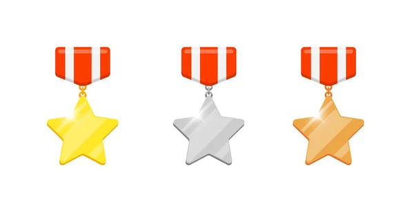 Χρυσό αργυρό χάλκινο μετάλλιο αστέρι ανταμοιβή που για video game ή εφαρμογές animation. Πρώτη δεύτερη τρίτη θέση μπόνους επίτευγμα βραβείο. Νικητής τρόπαιο απομονωμένη επίπεδη διανυσματική απεικόνιση — Διανυσματικό Αρχείο