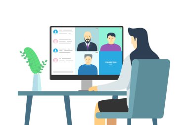 Bilgisayar ekranındaki insanlar çevrimiçi konferansa katılıyorlar. İş toplantısı ve uzaktan eğitim webinar veya video konferansı. Şirket çalışanlarıyla video konferans ve internet iletişimi