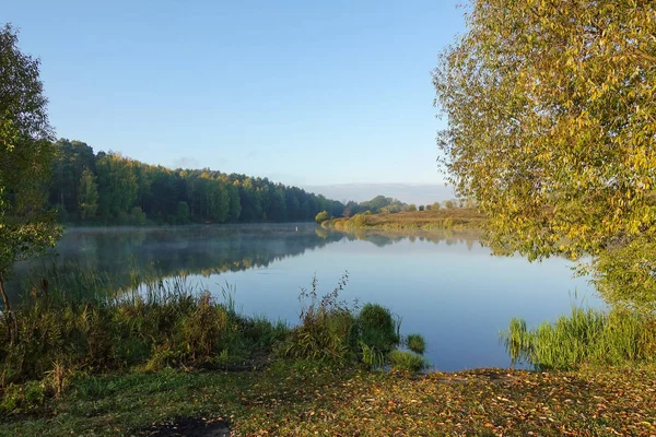 Hermosa escena de otoño con árboles reflejados en un lago liso —  Fotos de Stock