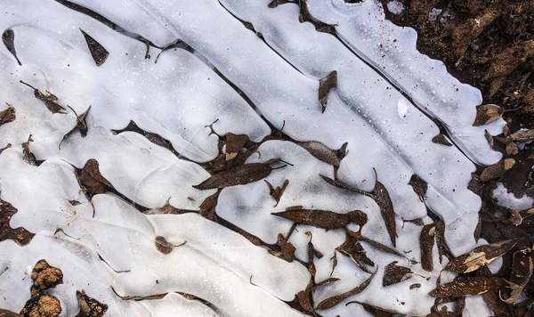 Розбитий лід на сільській брудній дорозі. Заморожування калюжі і висушене листя. Абстрактний фон — стокове фото