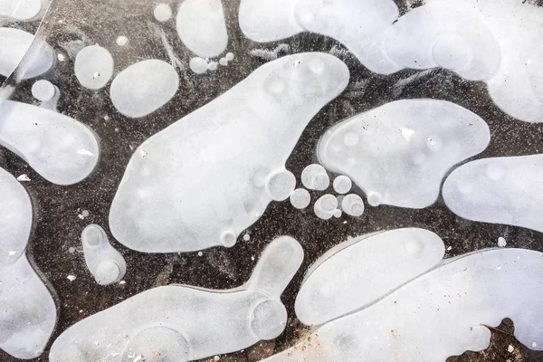 Hermosos óvalos blancos abstractos sobre hielo congelado . Fotos De Stock