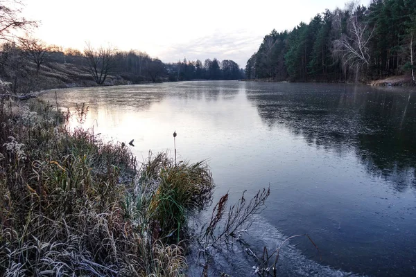 Paisaje invernal. El lago congelado está cubierto con nuevo hielo limpio . — Foto de Stock