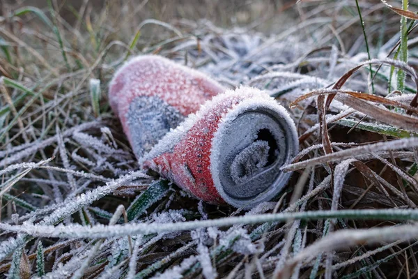 Régi konzervdoboz az ital alól, jégkristályokkal borítva. A természet szennyeződése. ökológia — Stock Fotó