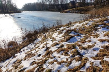 Kar neredeyse bitti. Karların arasından kuru çimenler görülebilir. Nehrin yamacı. Nehirdeki buz