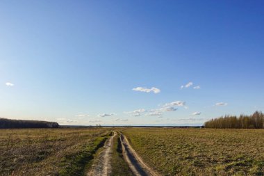 Tarladan geçen kırsal toprak yol. Bulutlu mavi gökyüzü