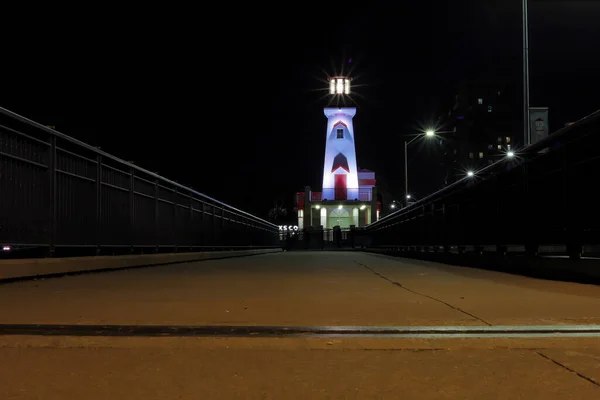 Old Lighthouse River Bridge Night City — Stock Photo, Image