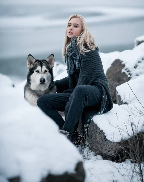 Köpek Malamute kış kayalarda arasında ile kız. — Stok fotoğraf
