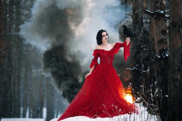 Woman witch in red dress and with raven in her hands in snowy forest. Around can be seen fire and smoke.