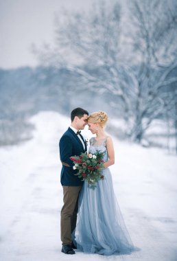 Gelin ve damat karlı manzara arasında.