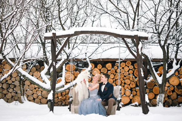 Novia y novio están sentados en columpio en invierno, manteniendo perro y riendo alegremente . — Foto de Stock