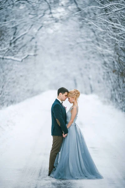 Bride and groom are holding hands among snowy road in forest. — Stock Photo, Image
