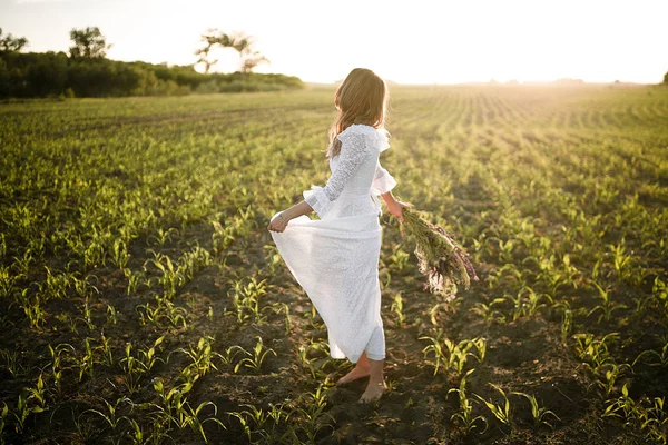 Ung kvinna i lång vit spetsklänning på majsfält. Sidovy. — Stockfoto