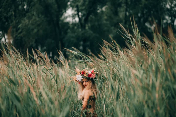 Mooie meisje in beeld van nimf gaat onder riet. — Stockfoto