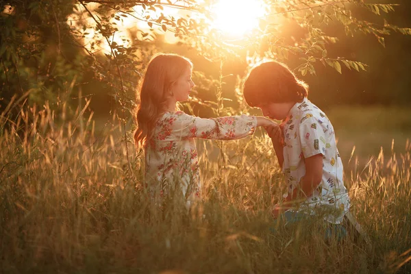 Niña y niño están sentados en la hierba y besar la mano . — Foto de Stock