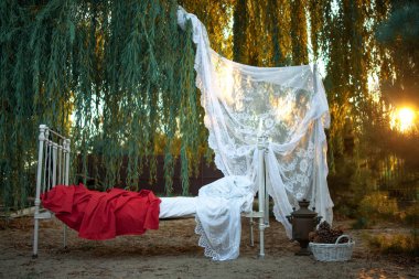 Yatak ve baldachin tree yakınındaki kum üzerinde sunset bulvarında yatak.