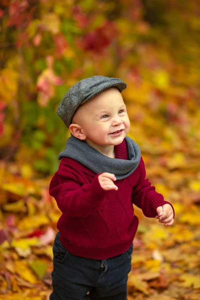 Porträt eines kleinen lächelnden Jungen, der im Park auf dem Rücksitz steht — Stockfoto