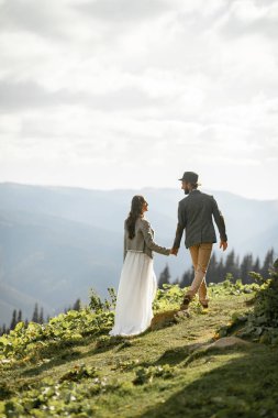 Yeni evliler yürümek ve dağlarda el ele tutuşur.