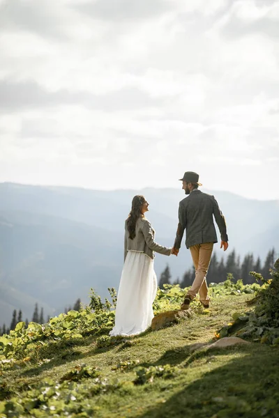 Nygifta promenad och håller händer i berg. — Stockfoto