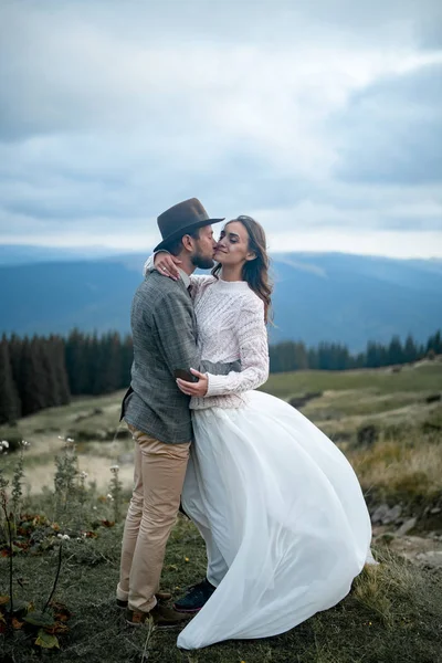 Bride and groom stand, smile and hug on background of Carpathian mountains. — Stock Photo, Image