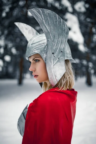 Portrain of woman in image of Germanic-Scandinavian God of thunder and storm. — Stock Photo, Image