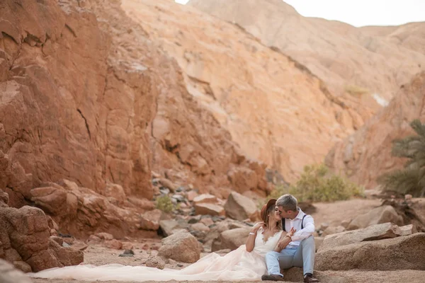 Novia y novio se sientan y se besan en el cañón sobre el fondo de las rocas . —  Fotos de Stock