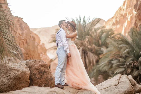 La novia y el novio se paran y se abrazan en el cañón contra el fondo de rocas y palmeras . —  Fotos de Stock