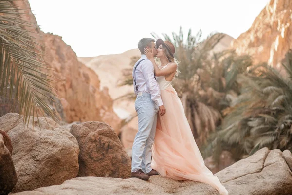 La novia y el novio se paran y se besan en el cañón contra el fondo de rocas y palmeras . — Foto de Stock