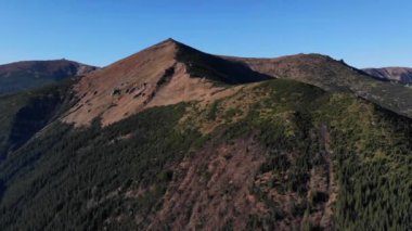 Dağ zirvesinde bir dron ve Karpatlar 'da ormanla kaplı bir dağ yamacından güzel bir manzara..