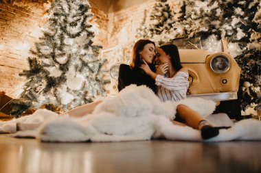 Noel süslemelerinin arka planına karşı lezbiyen çift kucaklaşması 