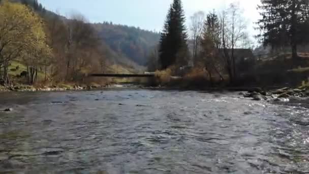カルパティアの小さな橋に山の川の流れる水に沿ってドローン撮影 — ストック動画
