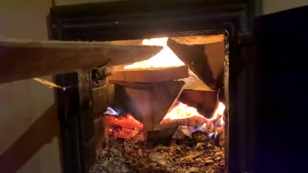 Hand Man Throws Firewood Opened Furnace Door Stove Background Flame — Stock Video