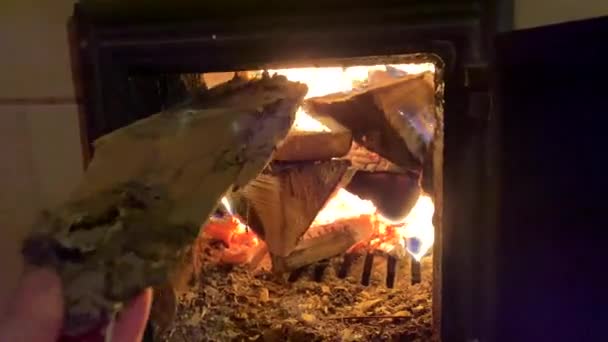 Hand Man Throws Firewood Opened Furnace Door Stove Background Flame — Stock Video