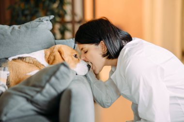 Bir kadın eğleniyor ve köpekle oynuyor..