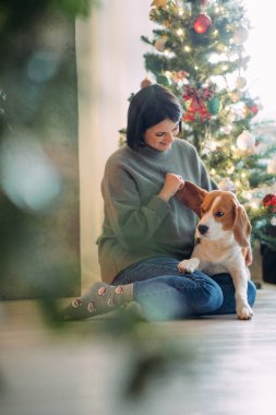 Bir kadın Noel ağacının arka planında köpekle oynuyor..