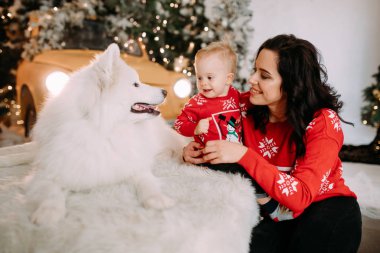 Anne ve oğlu, Noel ağacının arka planında köpeğin yanında oturuyorlar.