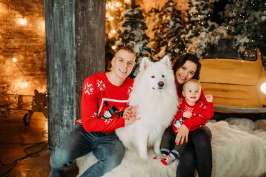 Aile köpeğin yanına oturur ve bir Noel ağacının arka planına karşı eğlenir.