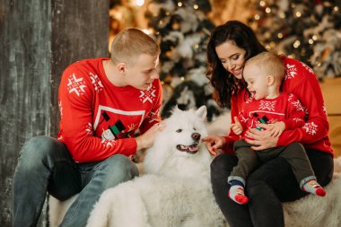Aile köpeğin yanına oturur ve bir Noel ağacının arka planına karşı eğlenir.
