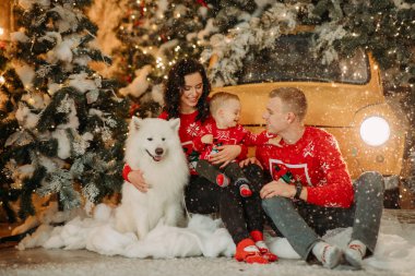 Aile, Noel ağacının arka planında köpeğin yanında oturur.