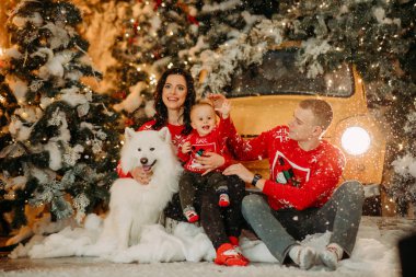 Aile, Noel ağacının arka planında köpeğin yanında oturur.