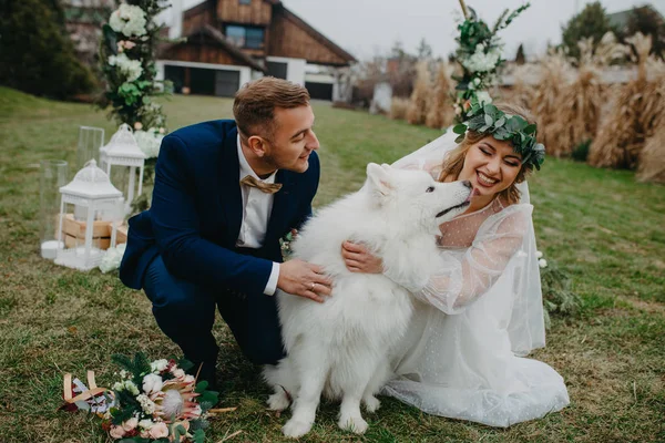 Recém Casados Divertir Brincar Com Cão Samoyed Fundo Gramado Casa — Fotografia de Stock