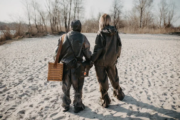 Couple Love Walks Beach Nbc Protective Suits Concept Preventive Measures — Stock Photo, Image