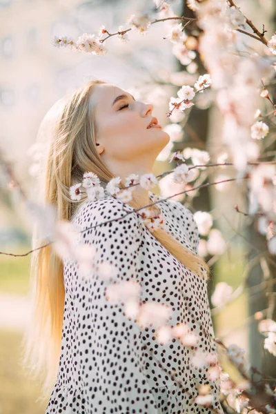 Ritratto Giovane Donna Bionda Tra Rami Fioriti Albicocche Nel Giardino — Foto Stock