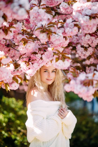 Jovem Mulher Caminha Gosta Parque Com Árvores Sakura Florescendo — Fotografia de Stock