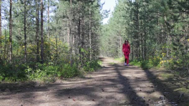 Девушка гуляет в парке, в лесу — стоковое видео