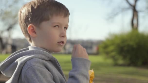 Jonge jongen eten een riet van het suikergoed in de keuken — Stockvideo