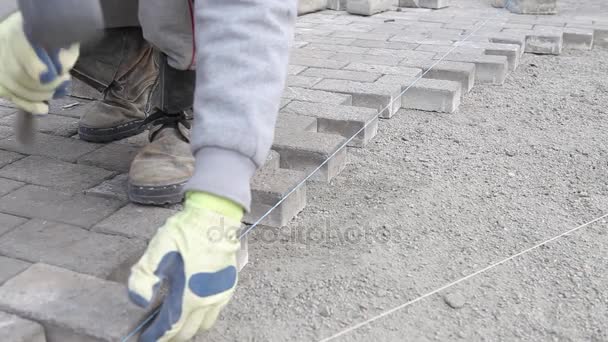 労働者は新しい歩道舗装石レンガを作るします。小道を修復します。煉瓦. — ストック動画